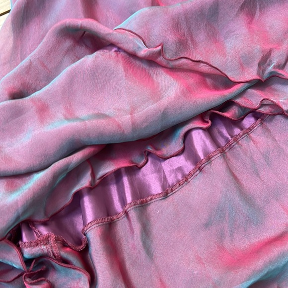 Miller Shor burgundy color shiny silk slip on dress with layered ruffles. - Picture 7 of 9